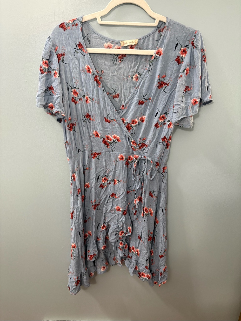 Altar’d State Light Blue Floral Wrap Dress with Red Blossoms